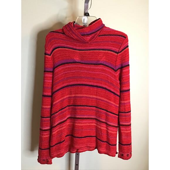 Sigrid Olsen Sport Women TurtleNeck Sweater Sz Med Red Striped Button Detail - Picture 5 of 13